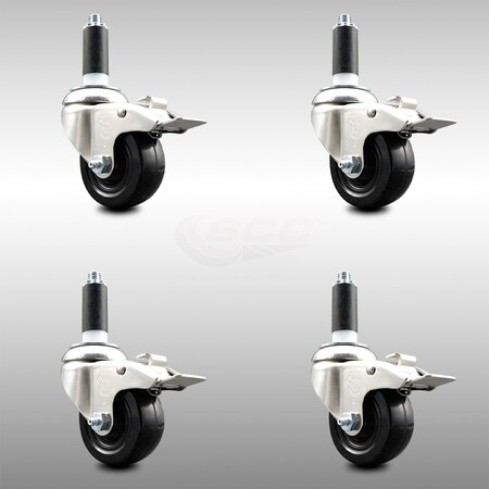 Service Caster 3.5 Inch 316SS Soft Rubber Swivel 1 Inch Stem Caster Set Lock Brake SCC SCC-SS316TTLEX20S3514-SRS-1-4